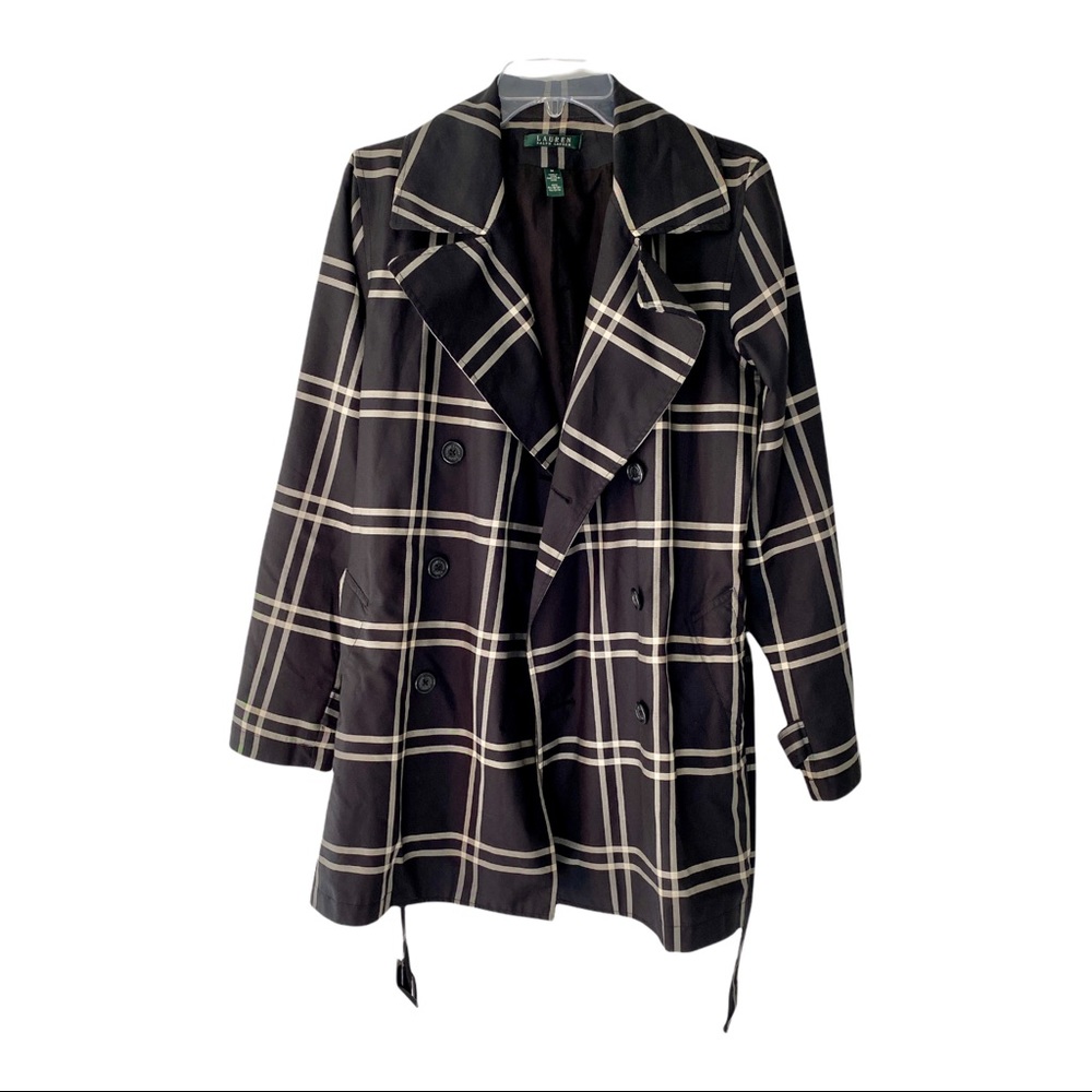 RALPH LAUREN Womens Plaid Lapel Belted Trench Coat Size Medium Black White